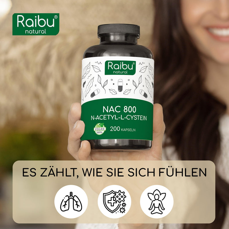 Raibu NAC 800 Kapseln hochdosiert (200 Kapseln x 800mg) I NAC Acetyl L-Cystein in bester Qualität ohne Zusätze in Deutschland produziert