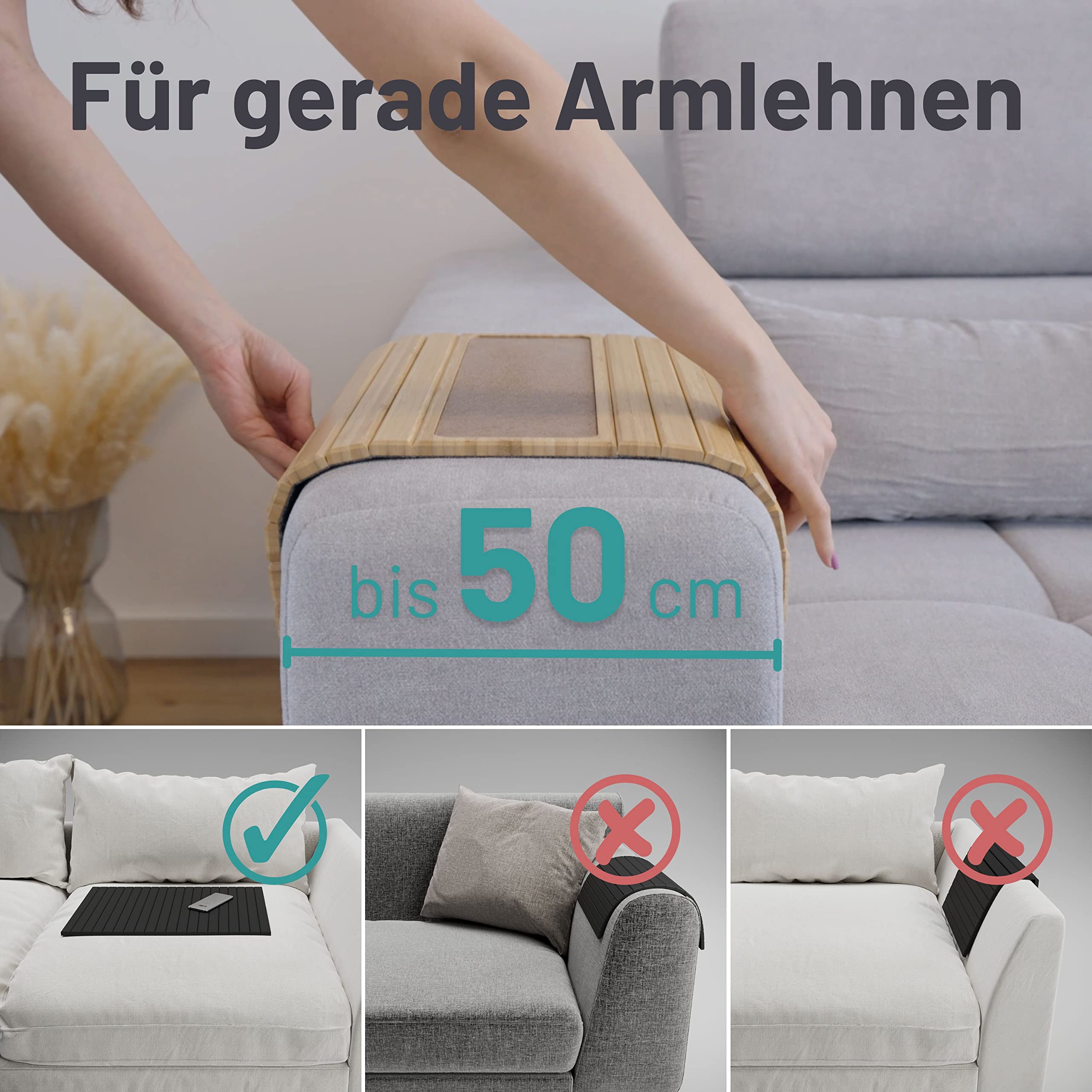 D&D Living® Sofatablett - Couch Ablage flexibel für Armlehne mit Anti-Rutsch Kork Pad | Tablett für Sofa mit 47x34 cm, nachhaltiges Bambus Natur Groß