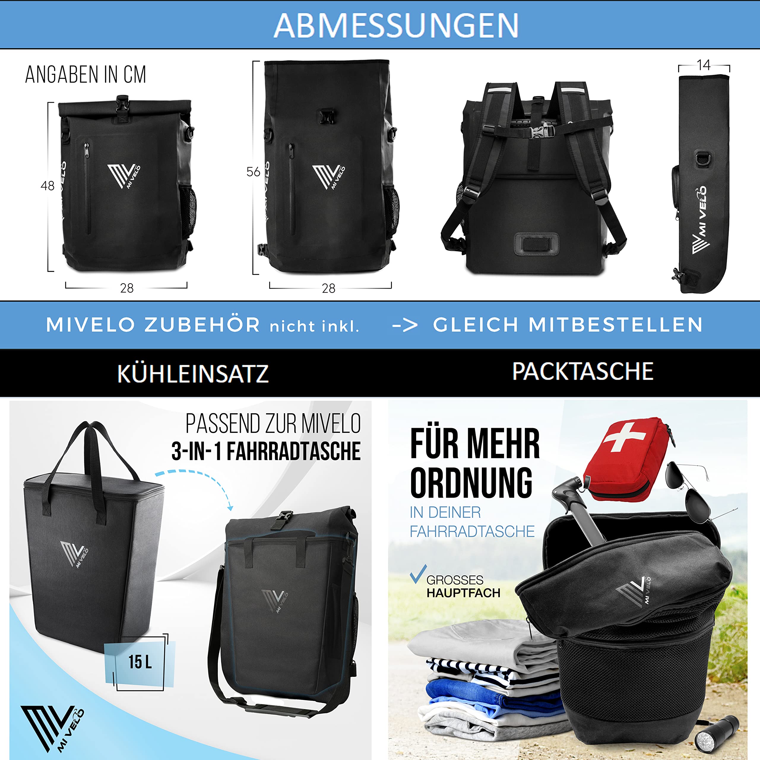 MIVELO - 3 in 1 Fahrradtasche - Rucksack - Schultertasche wasserdicht, inkl. Laptopfach, für Fahrrad Gepäckträger Aller Art, grau