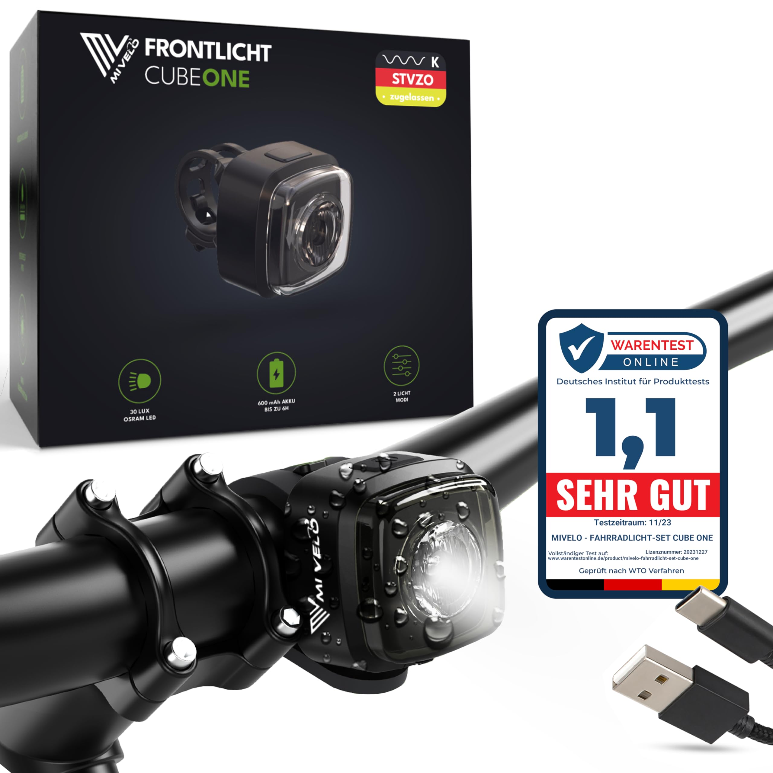 MIVELO Cube ONE Fahrradlicht vorne StVZO zugelassen Frontlicht Fahrradbeleuchtung USB-aufladbar & 100% wasserdicht LED Fahrrad Licht vorne, Fahrradlampe