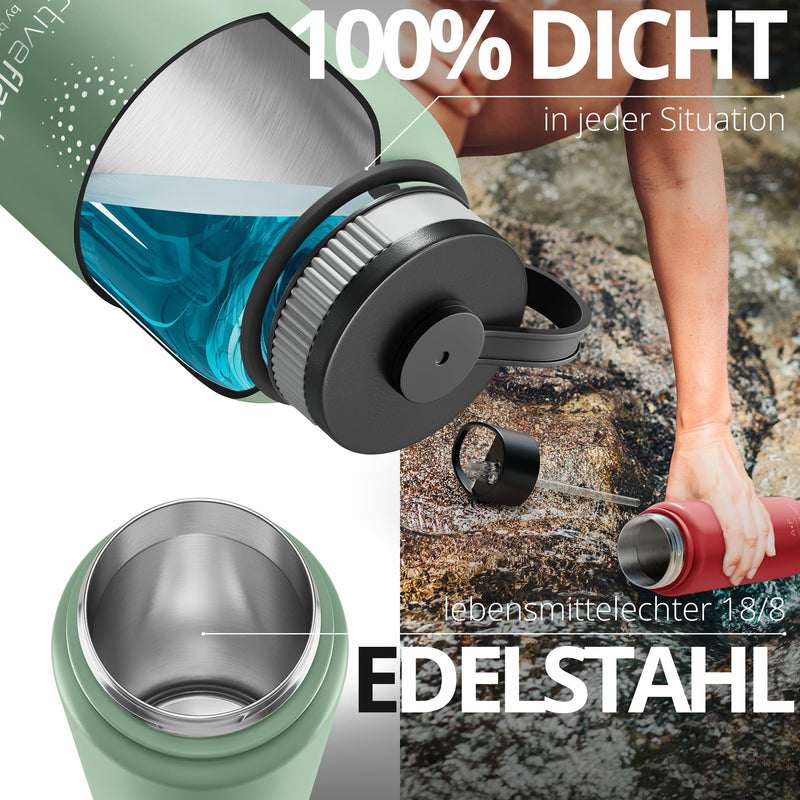 Trinkflasche Edelstahl ACTIVE FLASK + Strohhalm (3 Deckel) BPA-frei, Auslaufsicher, Kohlensäure geeignet - Wasserflasche Fahrrad Thermosflasche Isoliert Isolierflasche Sport Wasser Flasche Kinder Tee