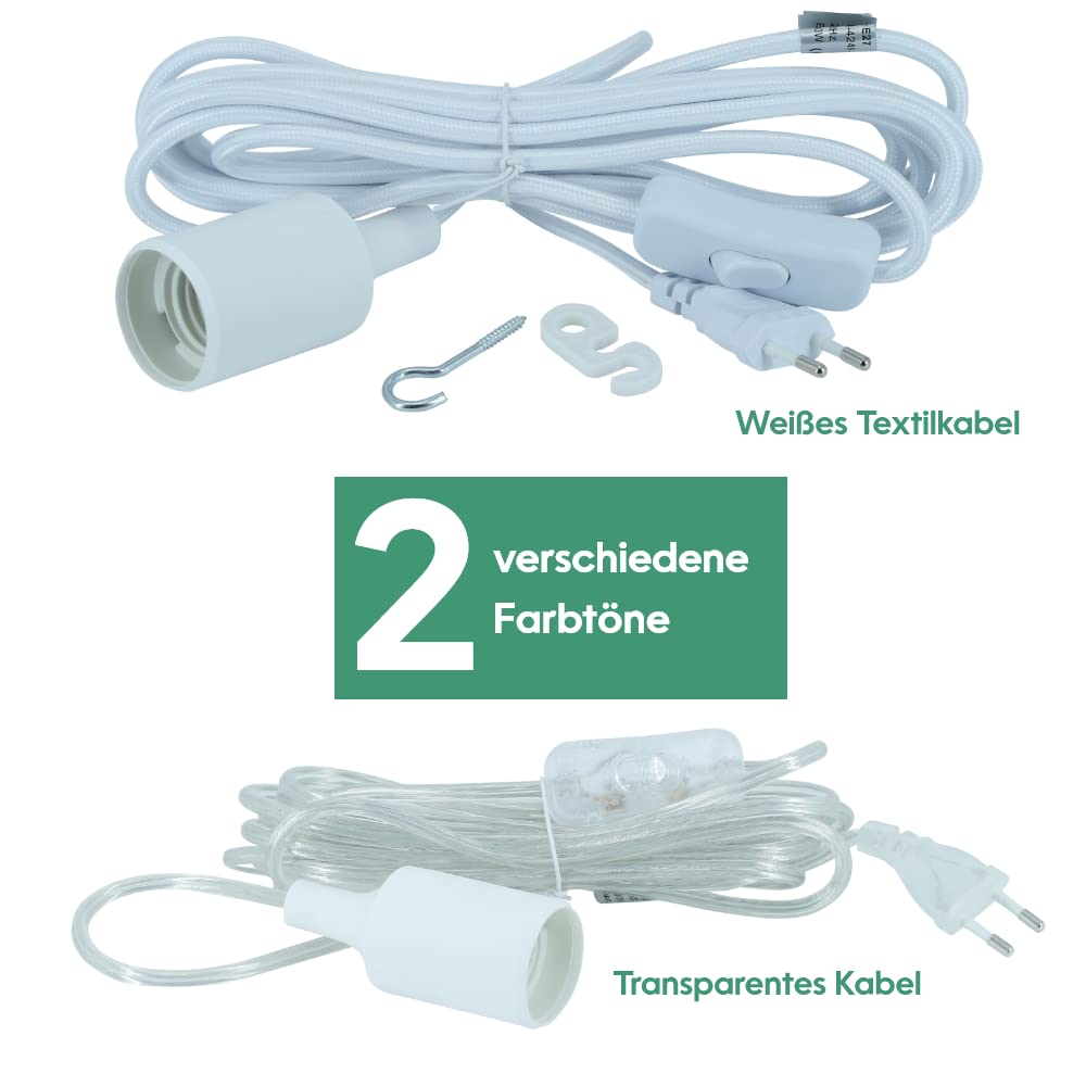 Parus by Venso E27 Lampenfassung 4m Textilkabel Weiß, Eurostecker, Venso Ecosolutions Lampenfassung E27 mit Kabel für E27 LED Lampe, Bulb Holder, Kabel für Lampe, Fassung E27 Weiß