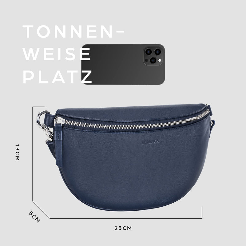 LEABAGS Cali kleine Bauchtasche aus echtem Leder | Gürteltasche mit Reißverschluss | Crossbody Bag für Damen | 23x5x13 cm | Brusttasche Blau