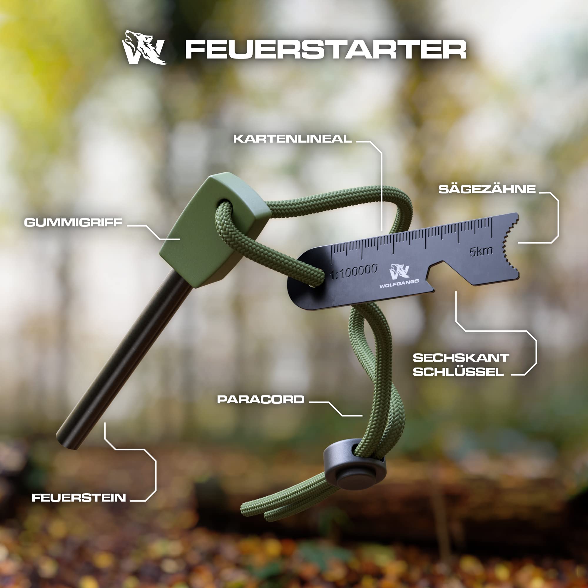 Wolfgangs Feuerstahl Outdoor (Grün) - Feuerstein Survival - Feuerstarter Set - Outdoor Feuerzeug - Feuersteine - Survival Feuerzeug - EIN MUSS für Jede Survival Ausrüstung