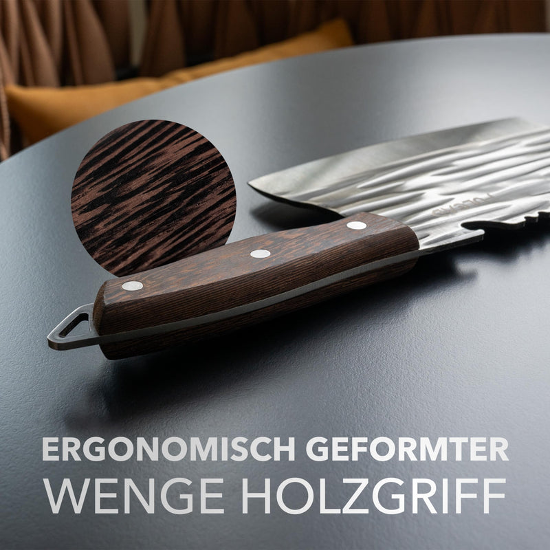 FULCAD Hackmesser mit Holzgriff, Carbonstahl Messer, breites Klingenblatt, scharfes Mehrzweck Küchenmesser, Metzgermesser, Fleischerbeil, Kochmesser mit Flaschenöffner, Küche, Grill, JETZT NEU!