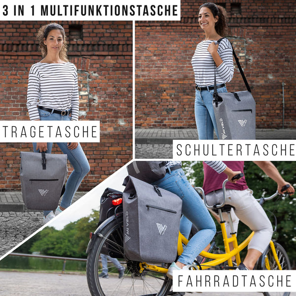 MIVELO 2in1 Fahrradtasche Gepäckträgertasche wasserdicht 100% PVC frei + Laptopfach + Schloss + Schultergurt – Fahrrad Tasche für Gepäckträger 1 STK grau