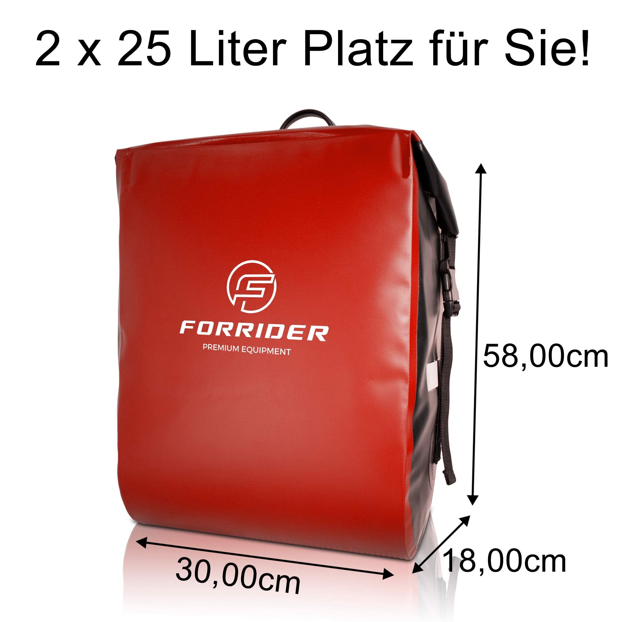 Forrider Fahrradtaschen für Gepäckträger - 100% Wasserdicht [2 Stück] 50L Volumen Premium Fahrrad Gepäckträgertaschen hinten Pack-Taschen Hinterradtaschen (Rot)