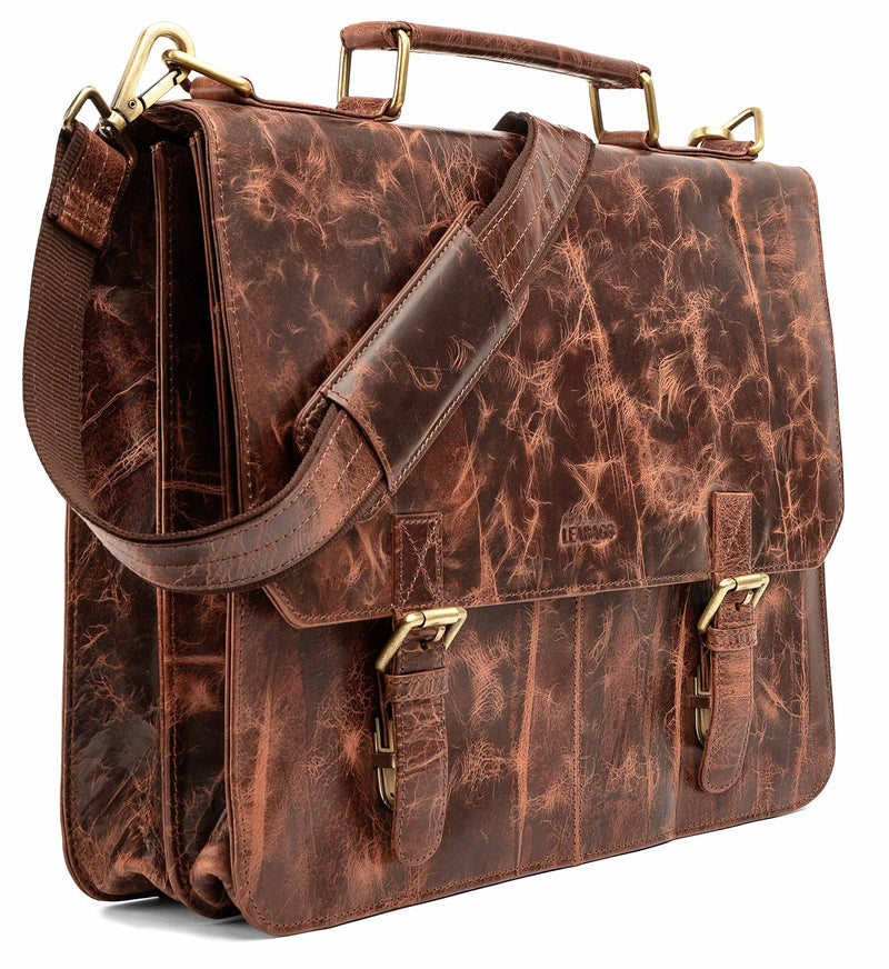 LEABAGS Leder Aktentasche Herren & Damen I Echtleder Laptoptasche bis 15 Zoll I Umhängetasche mit Schultergurt I Schultertasche I Messenger Bag I Arbeitstasche I Lehrertasche I Brown Marble