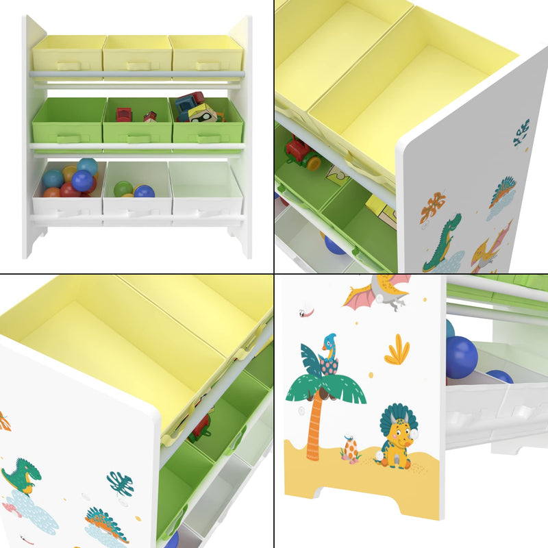 [en.casa] Kinderregal Boiro Kinderzimmerregal stehend mit 9 Faltboxen Dinosaurier-Motiv Spielzeug Aufbewahrungsregal 59,5 x 62 x 29,5 cm Weiß/Grün/Gelb