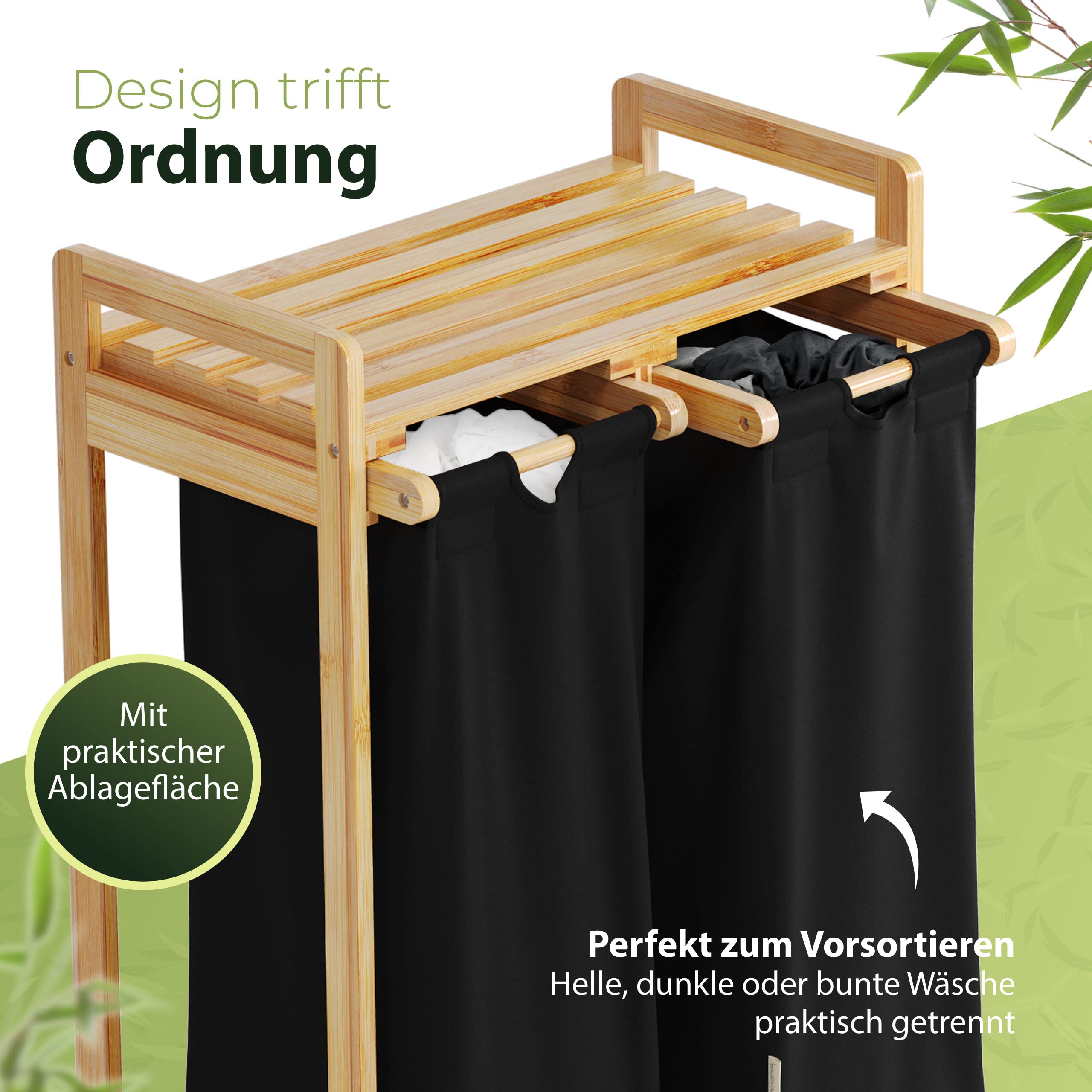 AMBIAVO® Wäschekorb 2 Fächer [schwarz, 100% Baumwolle, Bambus, 60 l Volumen] | Wäschesammler für Schmutzwäsche| Wäsche Sortiersystem | Wäschesortierer Holz | Wäschebox | laundry baskets