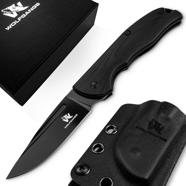 Wolfgangs RAVUS Zweihandmesser Klappmesser aus feinstem D2 Stahl - Legales Taschenmesser Klappmesser - Rebustes Outdoor Messer Survival - Klappmesser Outdoor inkl. Kydex Holster (Komplett Schwarz)