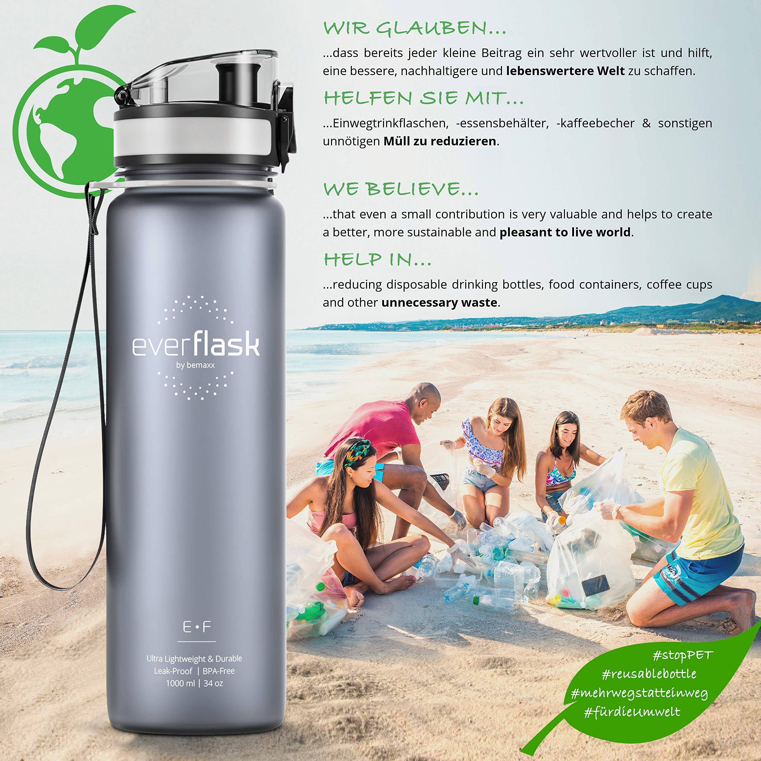 Trinkflasche Tritan EVER FLASK + Früchtebehälter 1l 500ml | BPA frei, Leicht, Auslaufsicher, Kohlensäure geeignet | Wasserflasche Sportflasche Kinder Schule Uni Fitness Fahrrad Sport Wasser Flasche