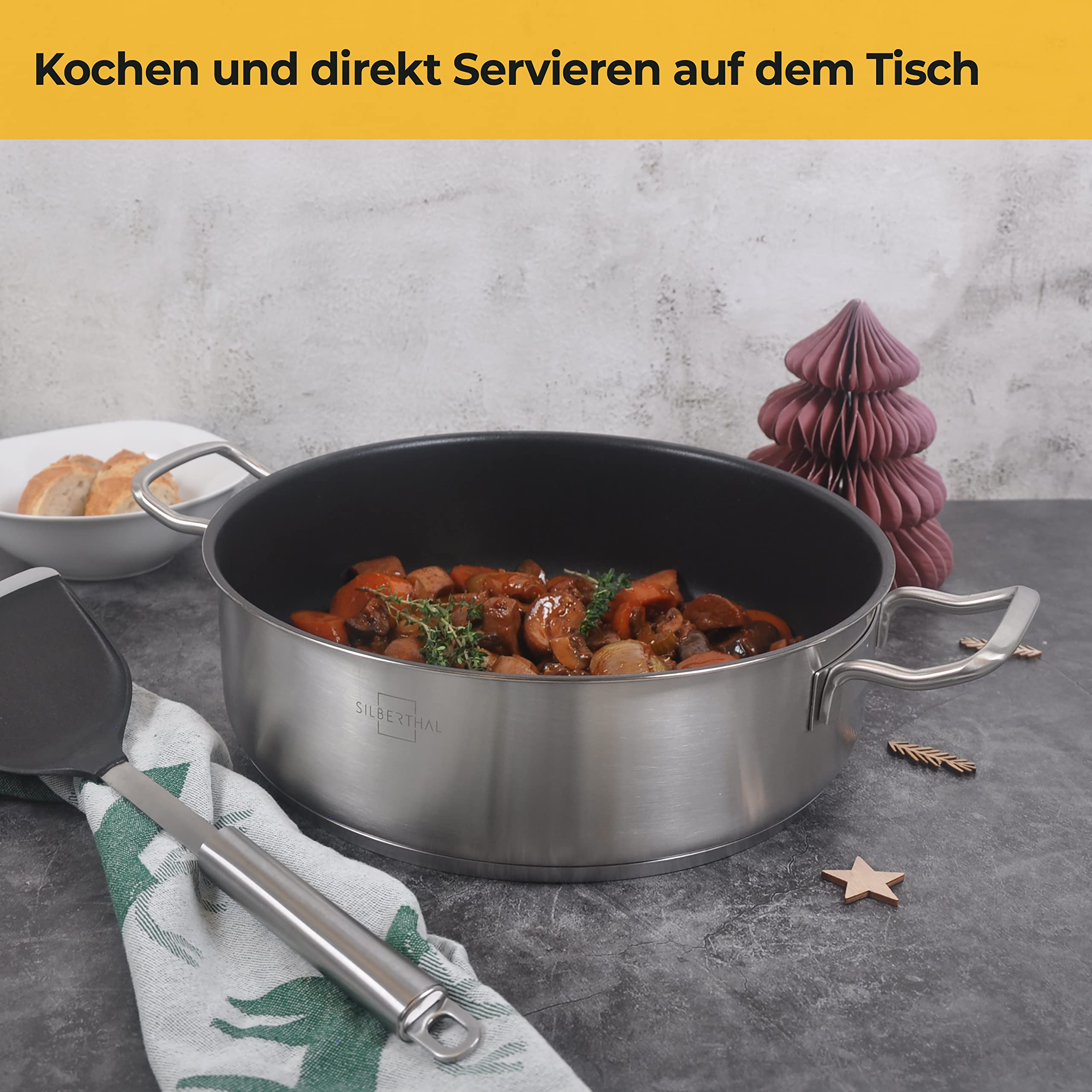 SILBERTHAL Servierpfanne 28 cm hoher Rand - Induktion - Edelstahl - Beschichtete Schmorpfanne mit Deckel - 5l - Backofengeeignet