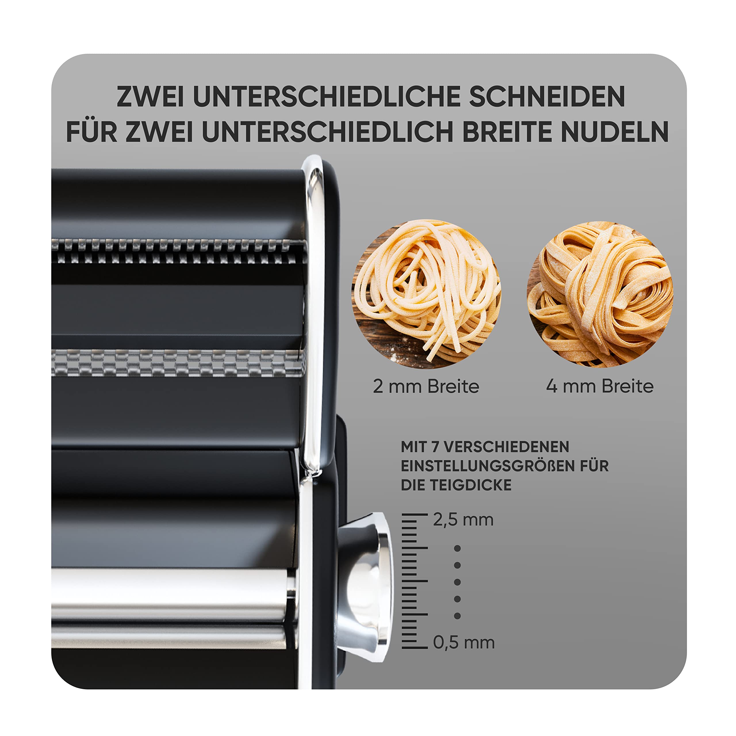 TRUE KITCHEN® Nudelmaschine manuell Bella Pasta schwarz [PASTA MASCHINE] Pasta maker für Lasagne, Ravioli, Spaghetti und Tagliatelle I Komplett aus Edelstahl mit Metallgriff