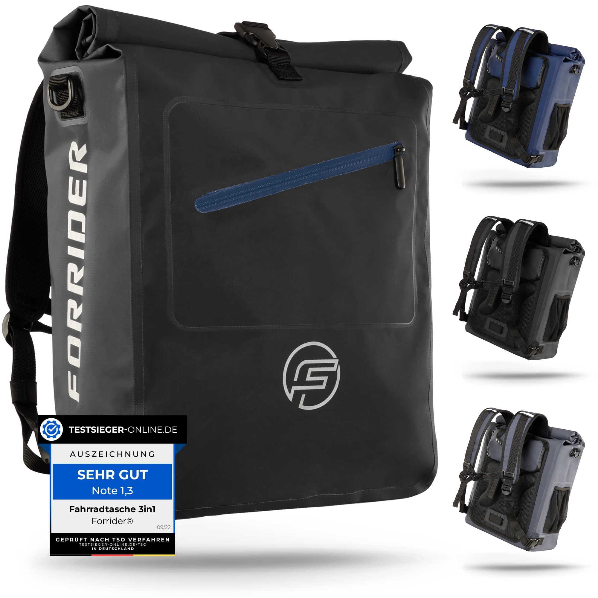 Forrider 3in1 Fahrradtasche für Gepäckträger mit Rucksack Wasserdicht 27L I Gepäckträgertasche Reflektierend I Sattel Tasche fürs Fahrrad