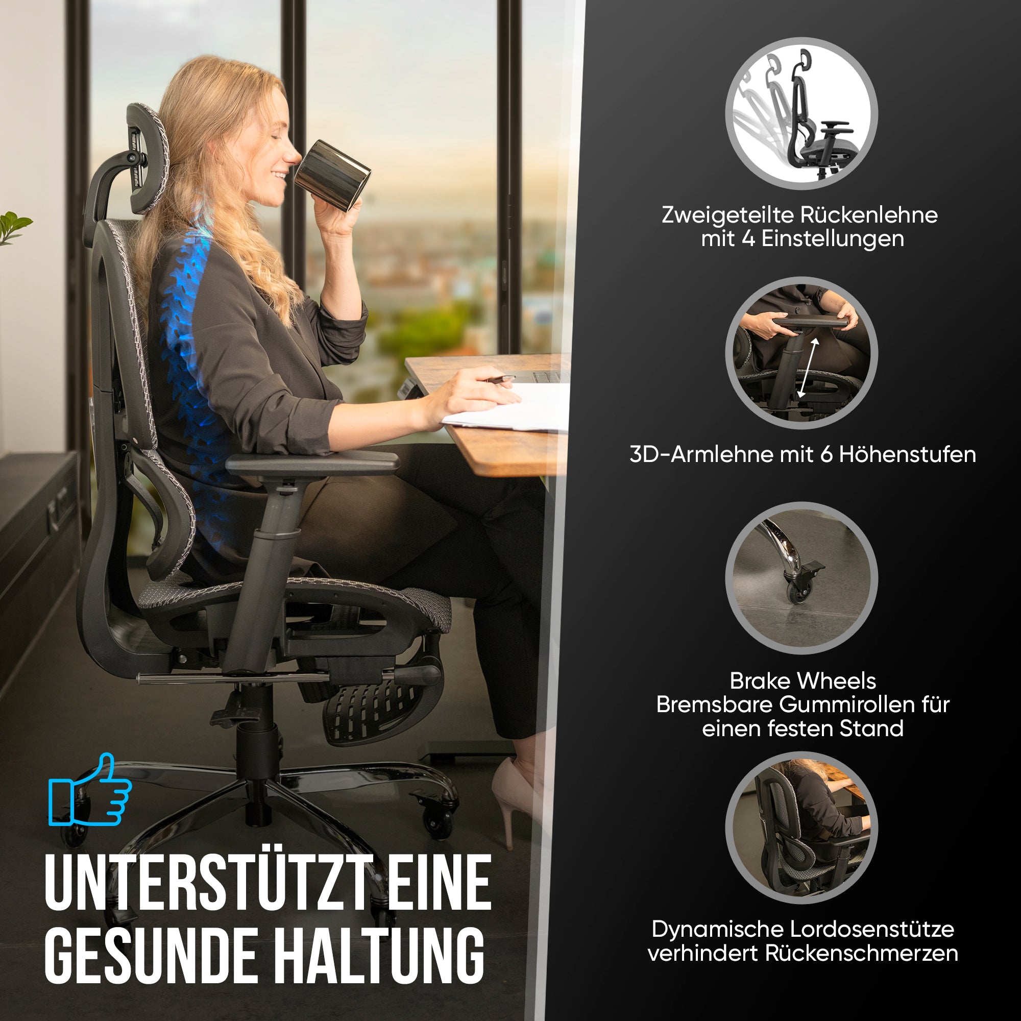 KRONIVO Bürostuhl Ergonomisch, Schreibtischstuhl mit Fußstütze | Office Chair Ergonomic mit Kopfstütze Armlehnen Lendenwirbelstütze | Schreibtisch Stuhl mit Rollen rückenschonend bis 200kg