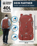 Terra Peak Wanderrucksack 40L Herren Damen Flex 40 rot - Outdoor Tages-rucksack zum wandern - Daypack leicht wasserdicht Sport-aktivitäten - ergonomischer Rucksack mit abnehmbarem Hüftgurt Erwachsene