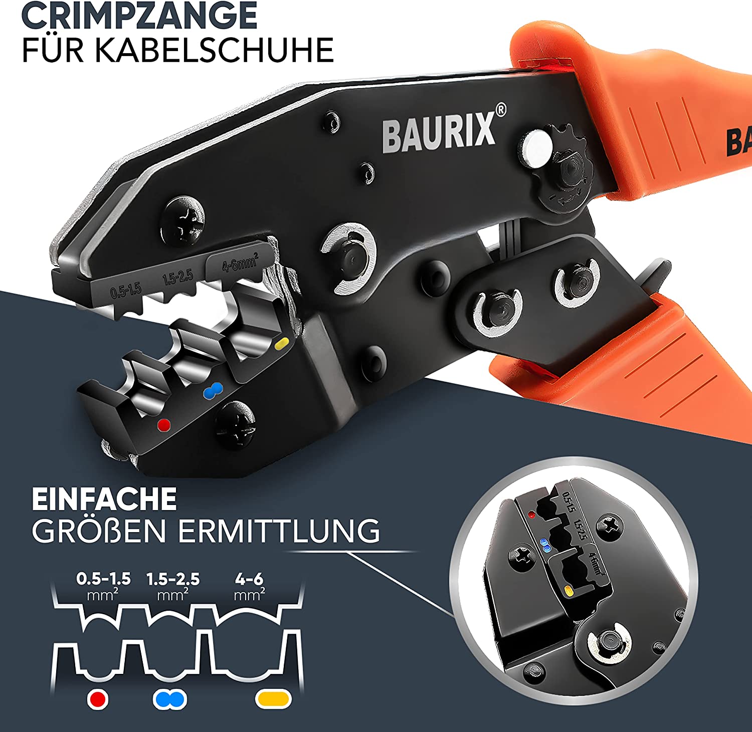 BAURIX® Crimpzange I Kabelschuhzange für 0,50-6,00 mm² Kabelhülsen I Kabelschuh Zange I Crimpzangen I Krimpzange I Crimp Zange I Presszange