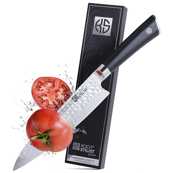 Kochstilist® Premium Chefmesser 20 cm [+ inkl. Geschenkbox] Das Profi-Kochmesser aus extrem scharfem X75-Carbonstahl-Plus - Küchenmesser, Fleischmesser, Allzweckmesser mit edlem Echtholzgriff