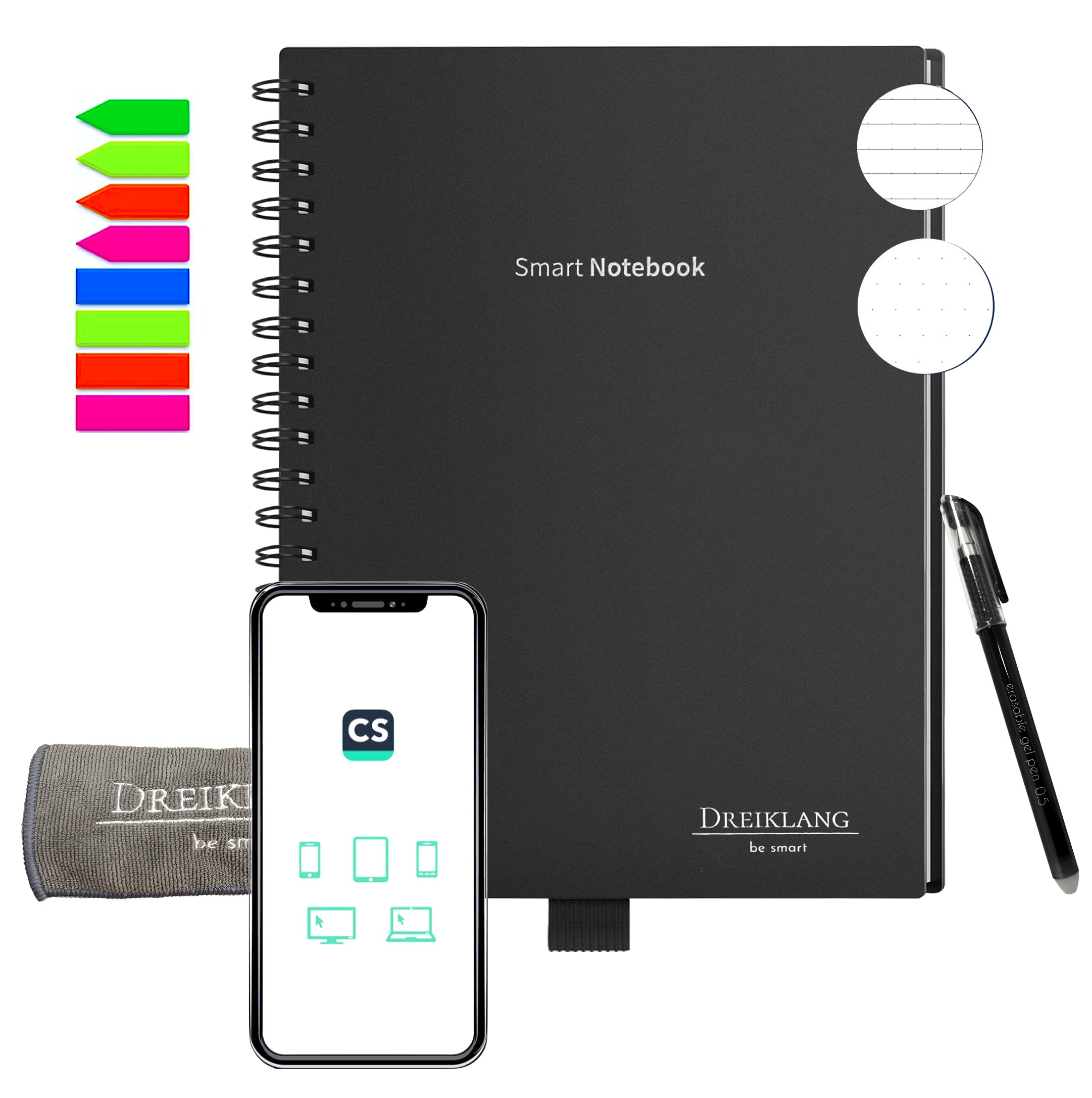 Dreiklang - be smart® Wiederverwendbares Digitales Notizbuch, A4 - All-in-One Notizblock Punktraster und linierte Seiten und extra Planer to-do Liste, Kalender – mit Stift, Mikrofasertuch Haftnotizen