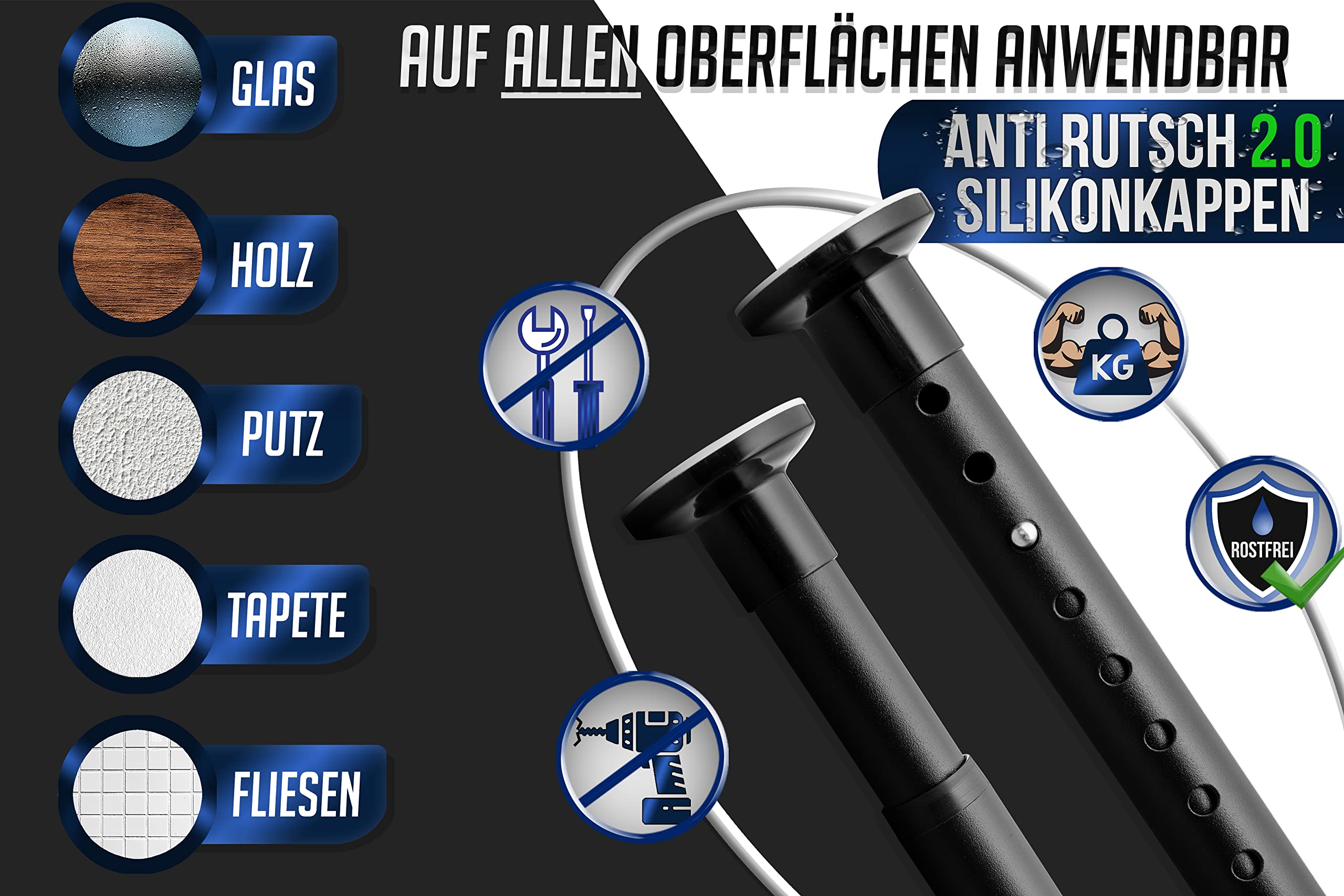 MEISENBERG Duschvorhangstange ohne Bohren 70-110cm, Ø25mm Edelstahl Ausziehbare Teleskopstange zum Klemmen - Garderobenstange Duschstange & Kleiderstange - für ihre Garderobe und Dusche