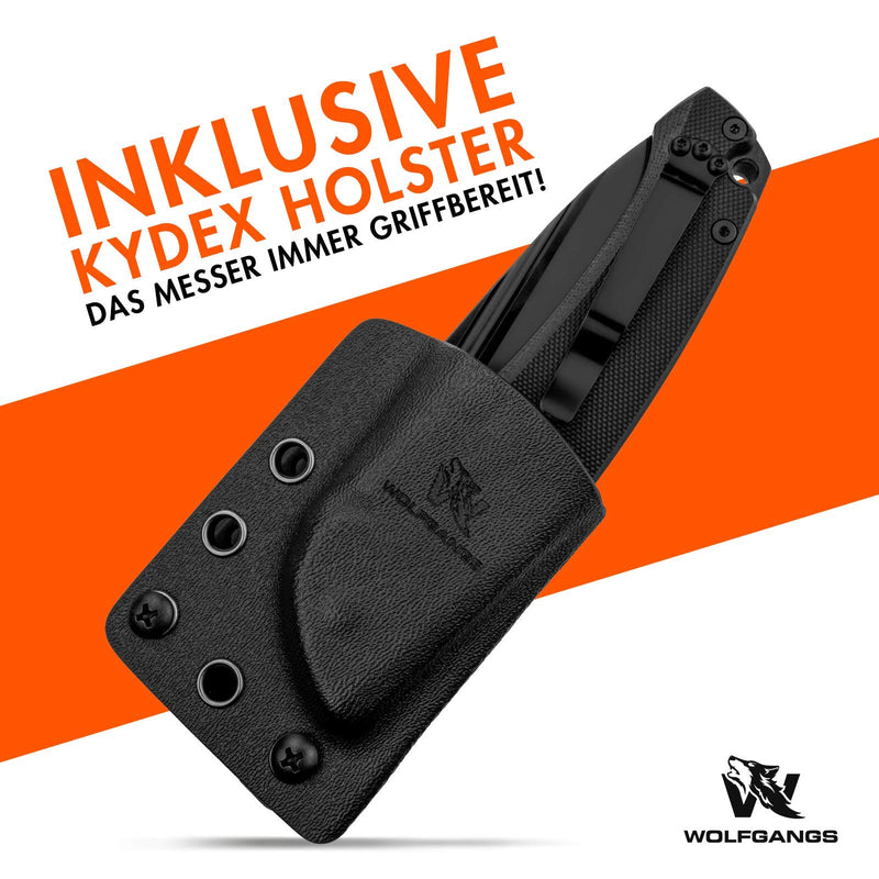 Wolfgangs TELUM Zweihandmesser Klappmesser aus feinstem D2 Stahl - Legales Taschenmesser Klappmesser - Rebustes Outdoor Messer Survival - Klappmesser Outdoor inkl. Kydex Holster (komplett schwarz)