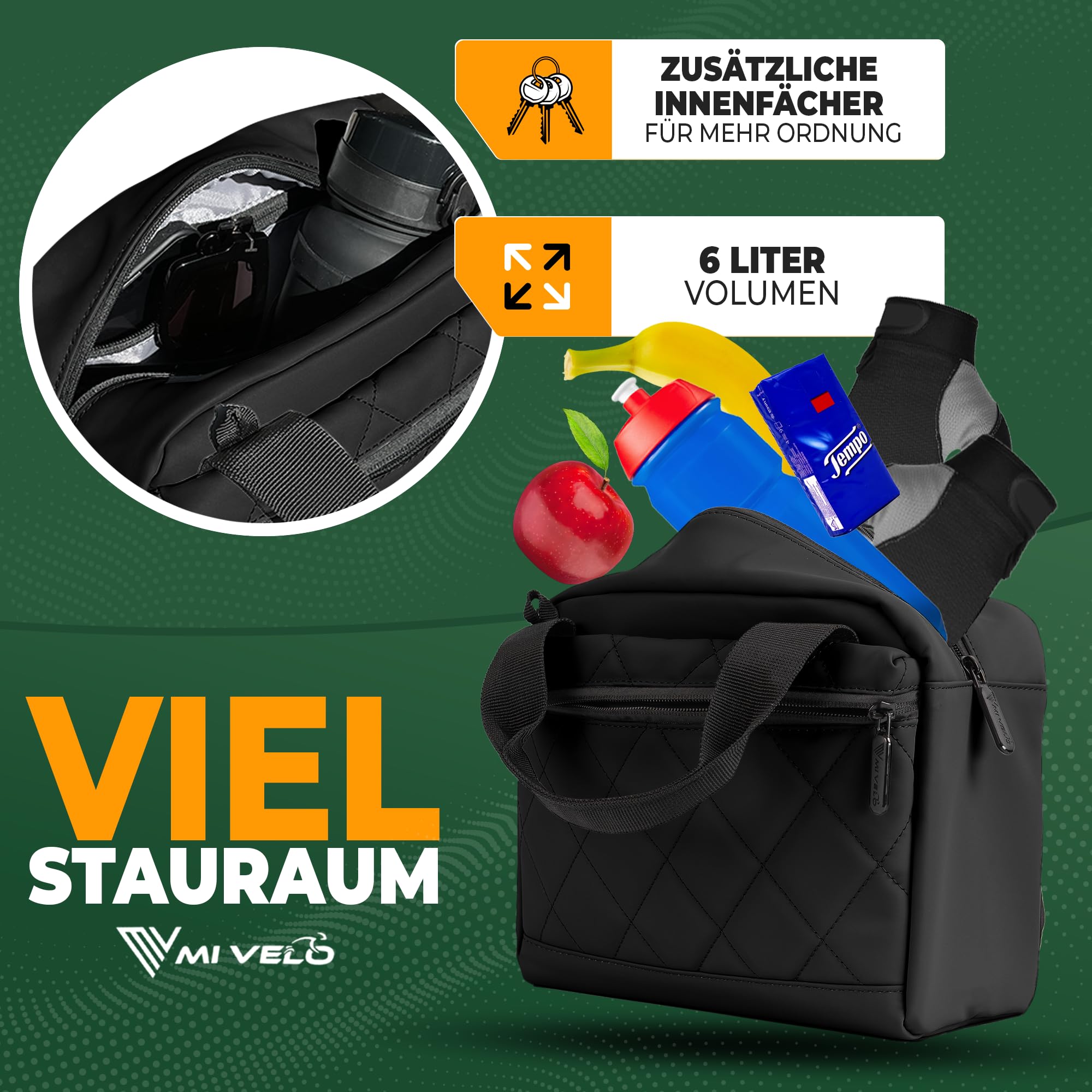 MIVELO Lenkertasche Fahrrad für KLICKfix - Fahrradtasche Lenker - wasserabweisend & geräumig - Lenkertasche - Tasche Lenker - E-Bike tauglich (Schwarz)