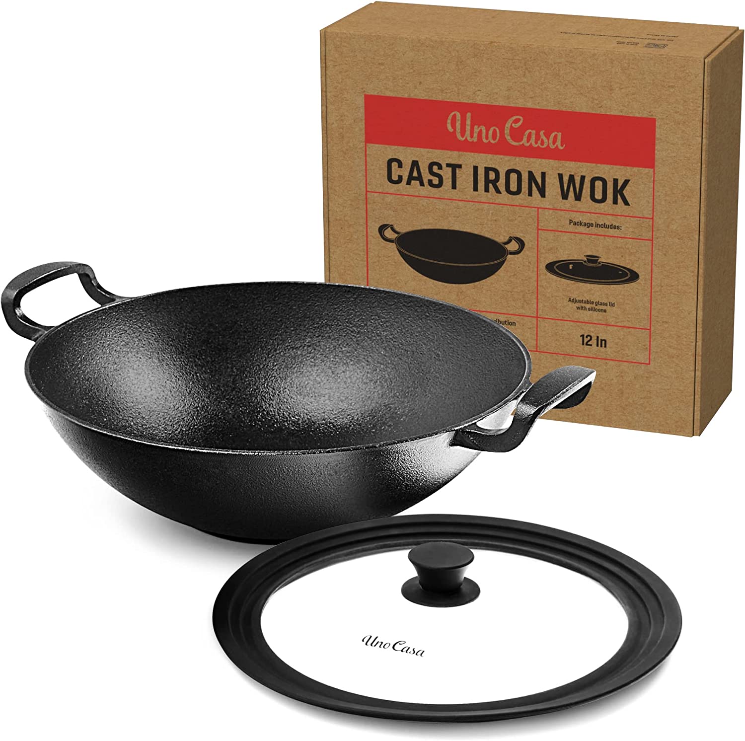 Uno Casa Wok Pfanne aus Gusseisen - Wok Pan mit flachem Boden und Silikondeckel - 32 cm, 4.9 l