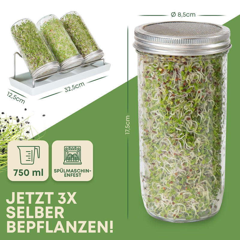 Cressery® Sprossenglas Keimglas 3er Set [grau] mit Deckel & Sieb aus hochwertigem Edelstahl für Sprossenzucht | Keimglas für Sprossen | Sprossen Keimgerät