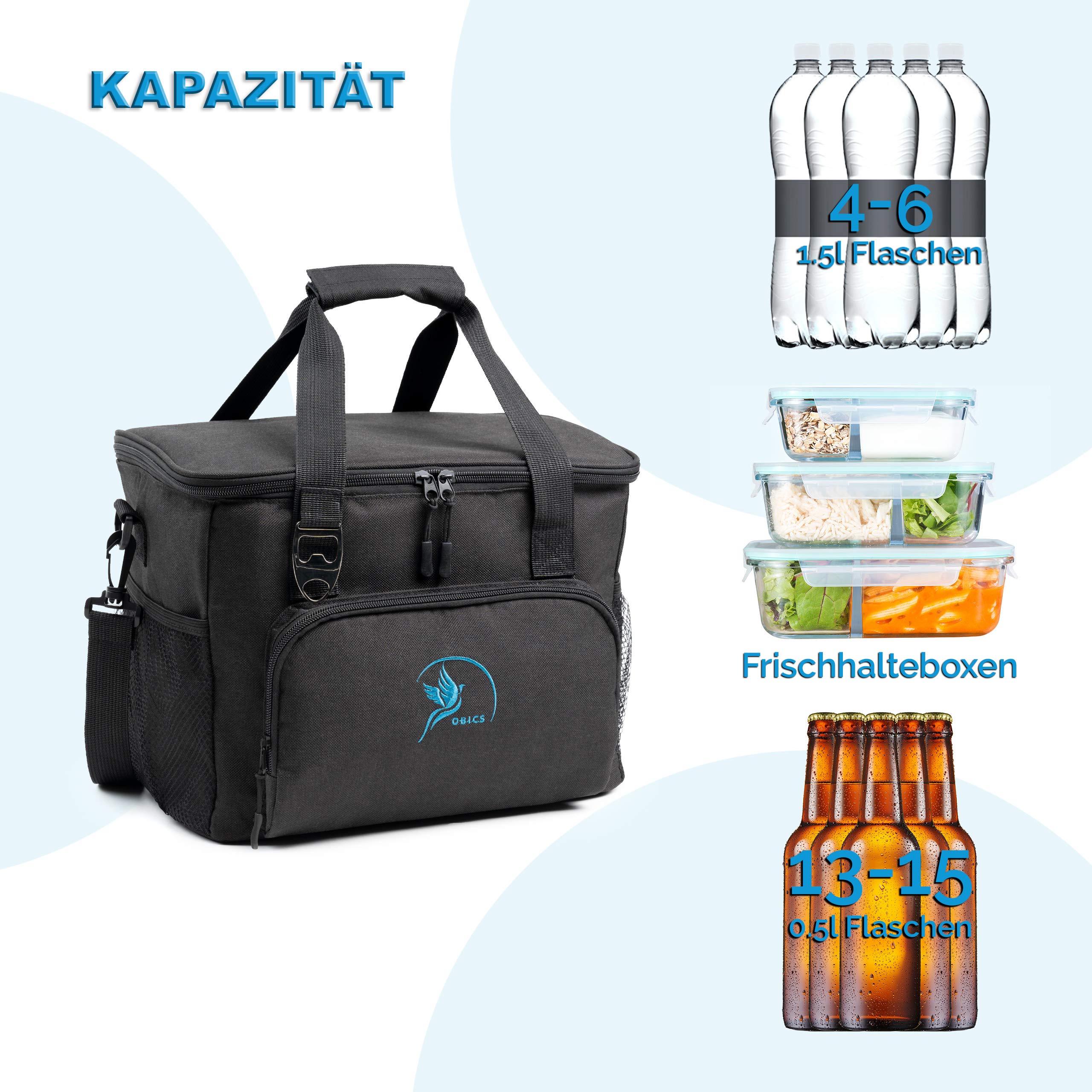 Obics Kühltasche klein 20l Kühlbox unterwegs mit Kühl-Akku - Isoliertasche Gefriertasche schwarz ohne Strom passiv Picknicktasche - Thermotasche Essenstasche Camping, Auto & Fahrrad isoliert Lunchbag