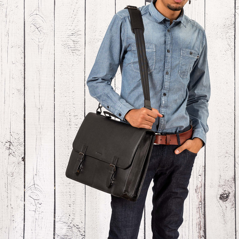 LEABAGS Leder Aktentasche Herren & Damen I Echtleder Laptoptasche bis 15 Zoll I Umhängetasche mit Schultergurt I Schultertasche I Messenger Bag I Arbeitstasche I Lehrertasche I Nappa Schwarz