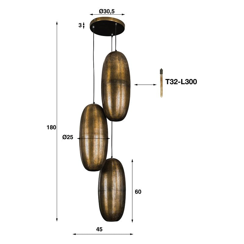 Rubjerg Design Hängeleuchte Cosmic 3 Leuchten gestuft Antik Bronze/Glas