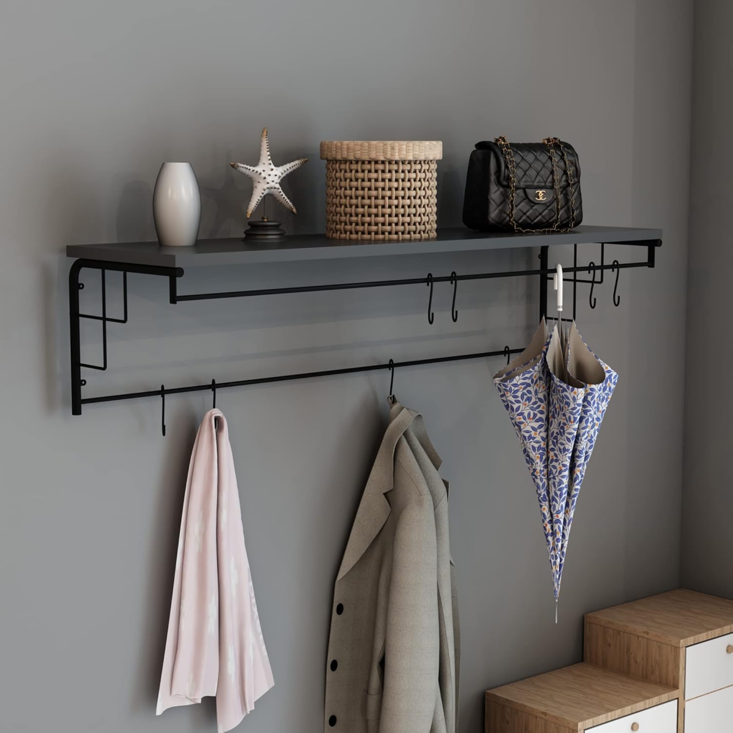 [en.casa] Wandgarderobe Ølstykke mit einer Garderobenstange Wandregal 110 x 30 x 27 cm aus Metall und Spanplatte für Eingang Flur Schlafzimmer Wohnzimmer Schwarz