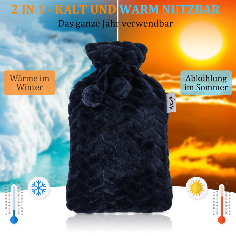 Kufl Wärmflasche aus Gummi mit weichem Fleecebezug - blau - Volumen: 2L - große Öffnung -lindert Regelschmerzen, Bauchschmerzen, Krämpfe - Wärmespender an kalten Tagen (blau, 2l)