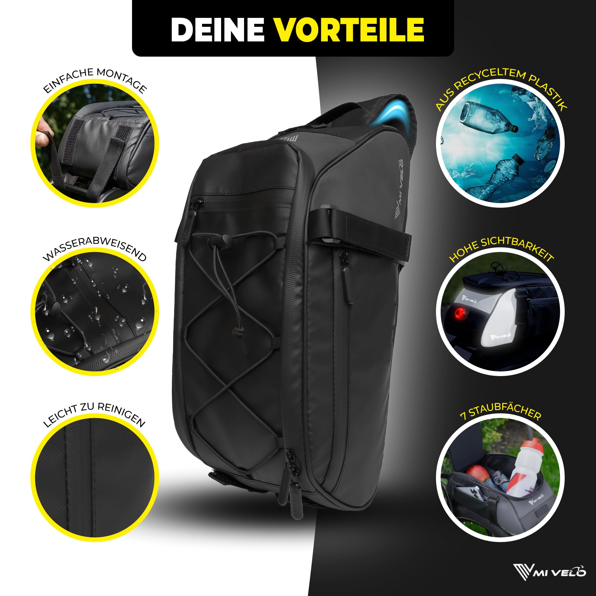 MIVELO 3in1 Gepäckträgertasche Umhängetasche I Fahrradtasche für Gepäckträger 9L I wasserdicht und reflektierend I Fahrradtasche, Tragetasche und Umhängetasche I Gepäckträgertasche Fahrrad