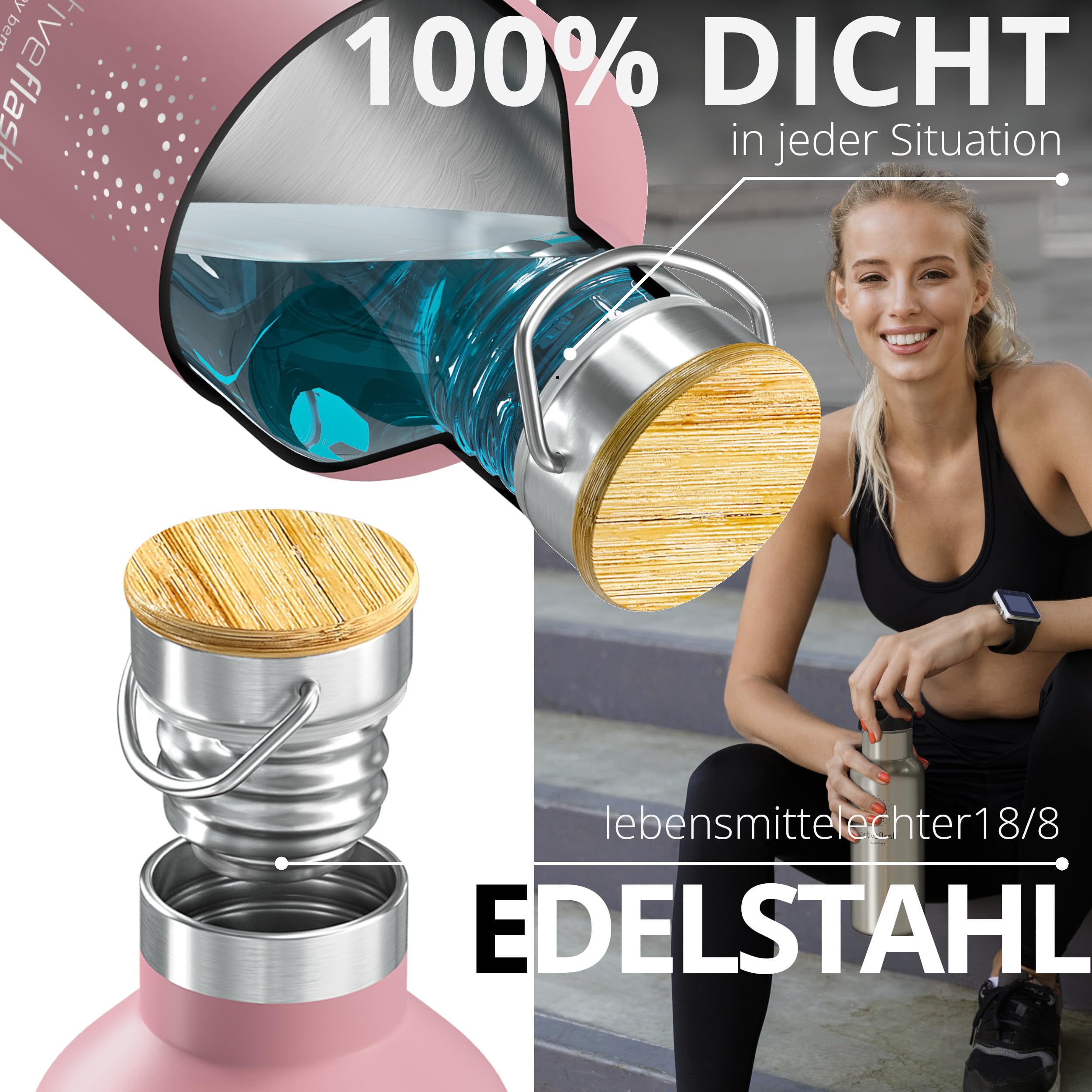 Trinkflasche Edelstahl mit Strohhalm, Infuser + 3 Deckel: BPA-frei, Auslaufsicher, Kohlensäure geeignet - Wasserflasche Fahrrad Thermosflasche Isoliert Isolierflasche Sport Wasser Flasche Kinder Tee