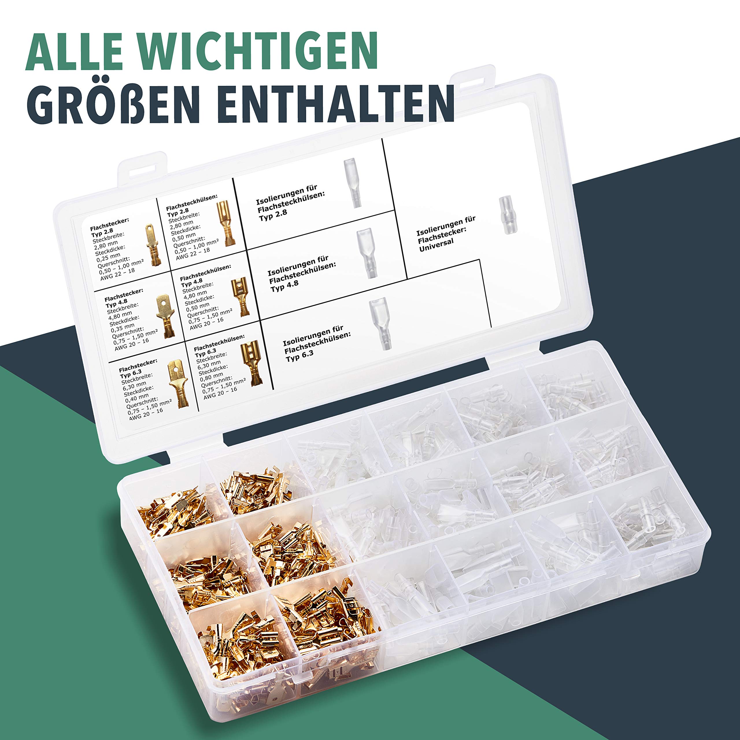 BAURIX® Flachsteckhülsen Set 300 Stück I 2,8 mm 4,8 mm 6,3 mm I Steckverbinder Sortiment I Flachstecker Männlich & Weiblich I Isolierte Kabelstecker