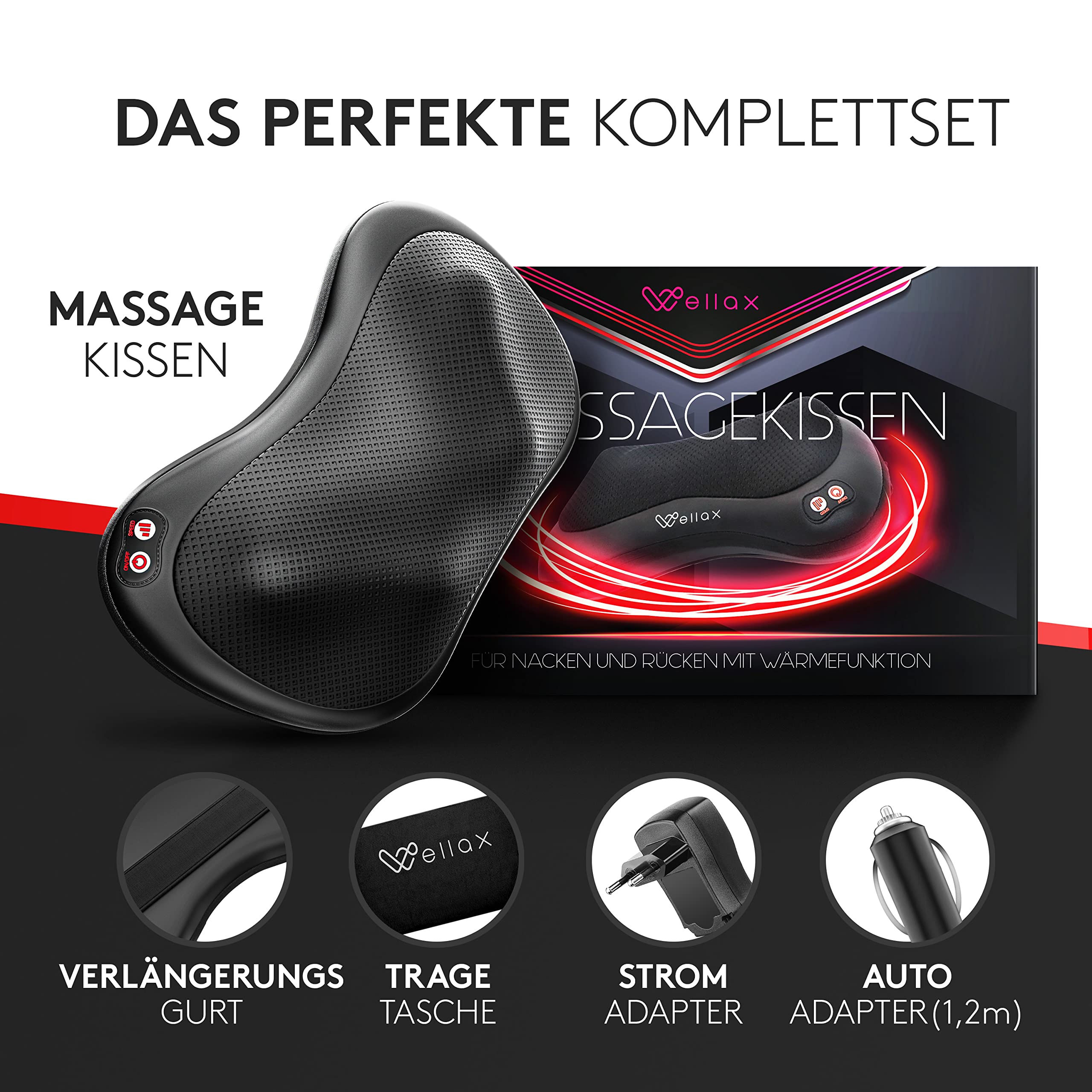 Wellax - Massagekissen mit Wärmefunktion & 360° Drehung - Shiatsu Nackenmassagegerät mit 3 Geschwindigkeiten für Schultern & Rücken - inkl. Verlängerungsgurt - Neck Massager, Schwarz