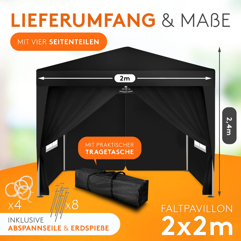 Kronenburg Faltpavillon wasserdicht Dachmaß 2 x 2 m UV Schutz 50+ Pavillon in Schwarz mit 4 Seitenteilen