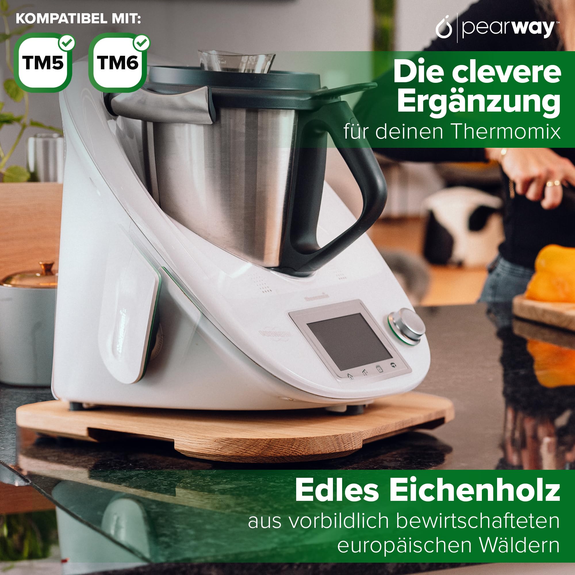 PEARWAY Thermomix Gleitbrett TM6 & TM5 aus edlem FSC Eichenholz | müheloses Verschieben ohne Beschädigung der Waage | stabiler Stand durch Schwingungsdämpfung | Gleitbrett Thermomix TM6 TM5- Eiche