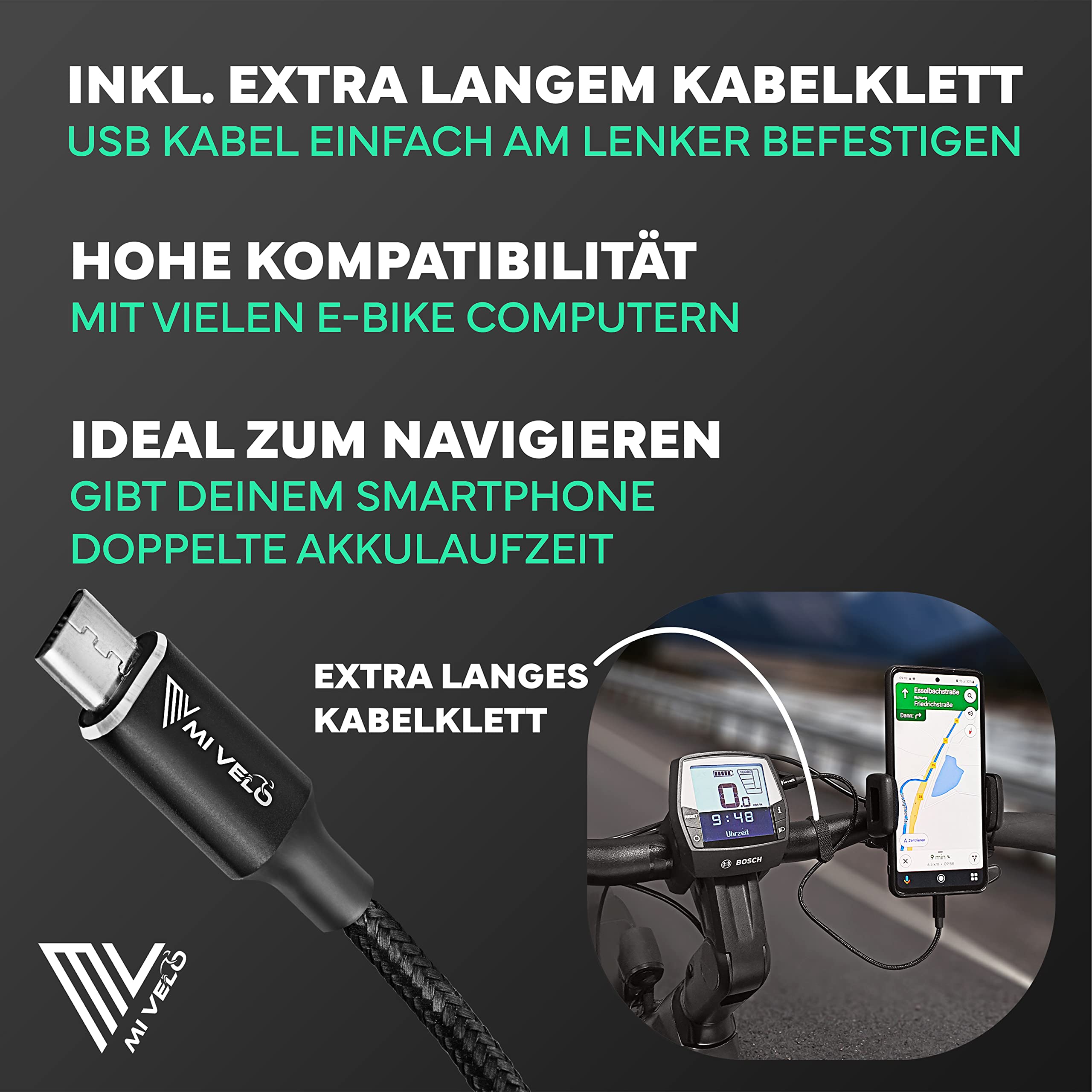 MIVELO E-Bike Ladekabel für Bosch Intuvia, Kiox(außer 300), Nyon (alt) - für iPhone Lightning oder Android USB-C, Micro USB Kabel für E-Bike Display 35 cm, OTG-Funktion, eBike Zubehör,