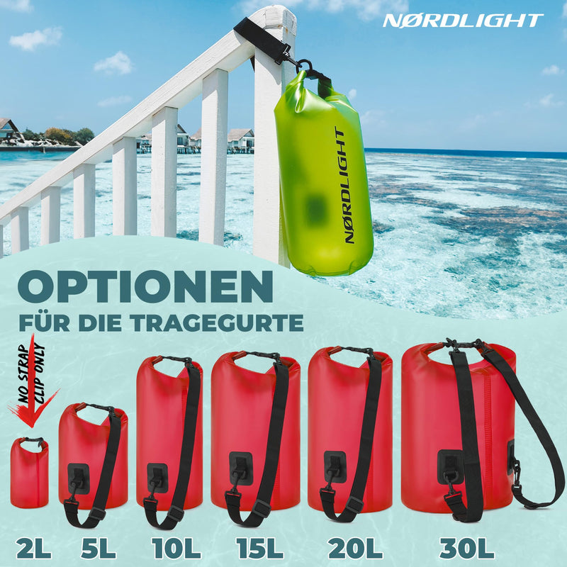 Nordlight Dry Bag 2L Wasserdichter Beutel - (Rot) Wasserdichter Packsack Mit Roll Top Verschluss Und Schultergurt | Schwimmen, Baden, Strand, Kanu, Stand Up Paddling, Tauchen