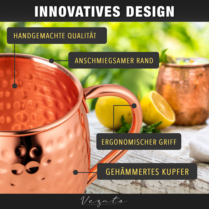 Vezato Moscow-Mule-Becher [500ml] – Gehämmerte Kupferbecher mit Strohhalmen – Handgemachtes Moscow-Mule-Set [4 Stück] – Rostfreie Kupfer Becher für Moscow Mule