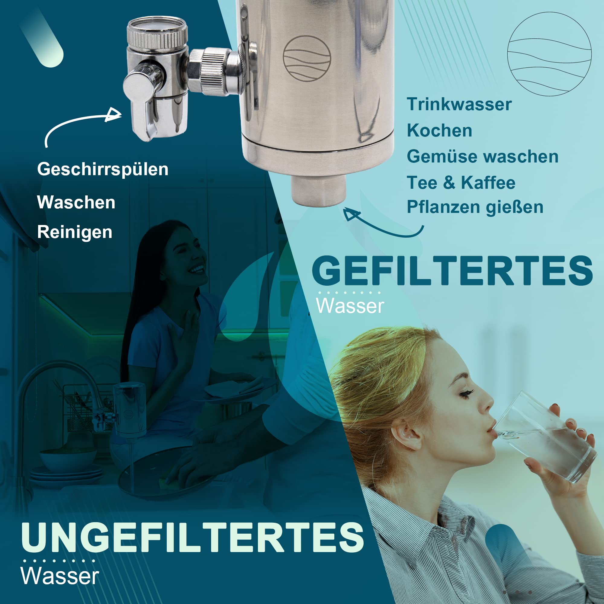 up!water® Wasserfilter für Wasserhahn | Edelstahl | Leitungswasser filtern | Filter für Armatur | Trinkwasserfilter mit Kartusche aus nachhaltigem CoconutBlock