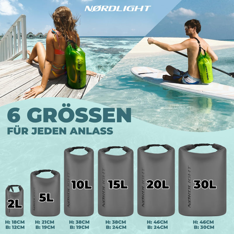 Nordlight wasserdichte Tasche 3er Set (Anthrazit) - Dry Bag 5l + wasserdichte Handyhülle + wasserdichte Hüfttasche | IPX8 Schutz | Mit Verstellbaren Gurten Für Strand, Stand Up Paddling