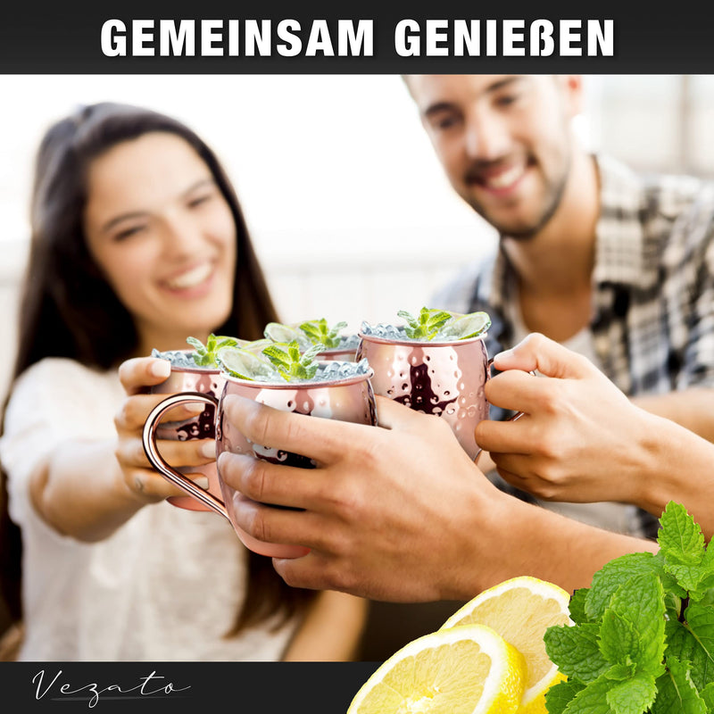 Vezato Moscow-Mule-Becher [500ml] – Gehämmerte Kupferbecher mit Strohhalmen – Handgemachtes Moscow-Mule-Set [4 Stück] – Rostfreie Kupfer Becher für Moscow Mule