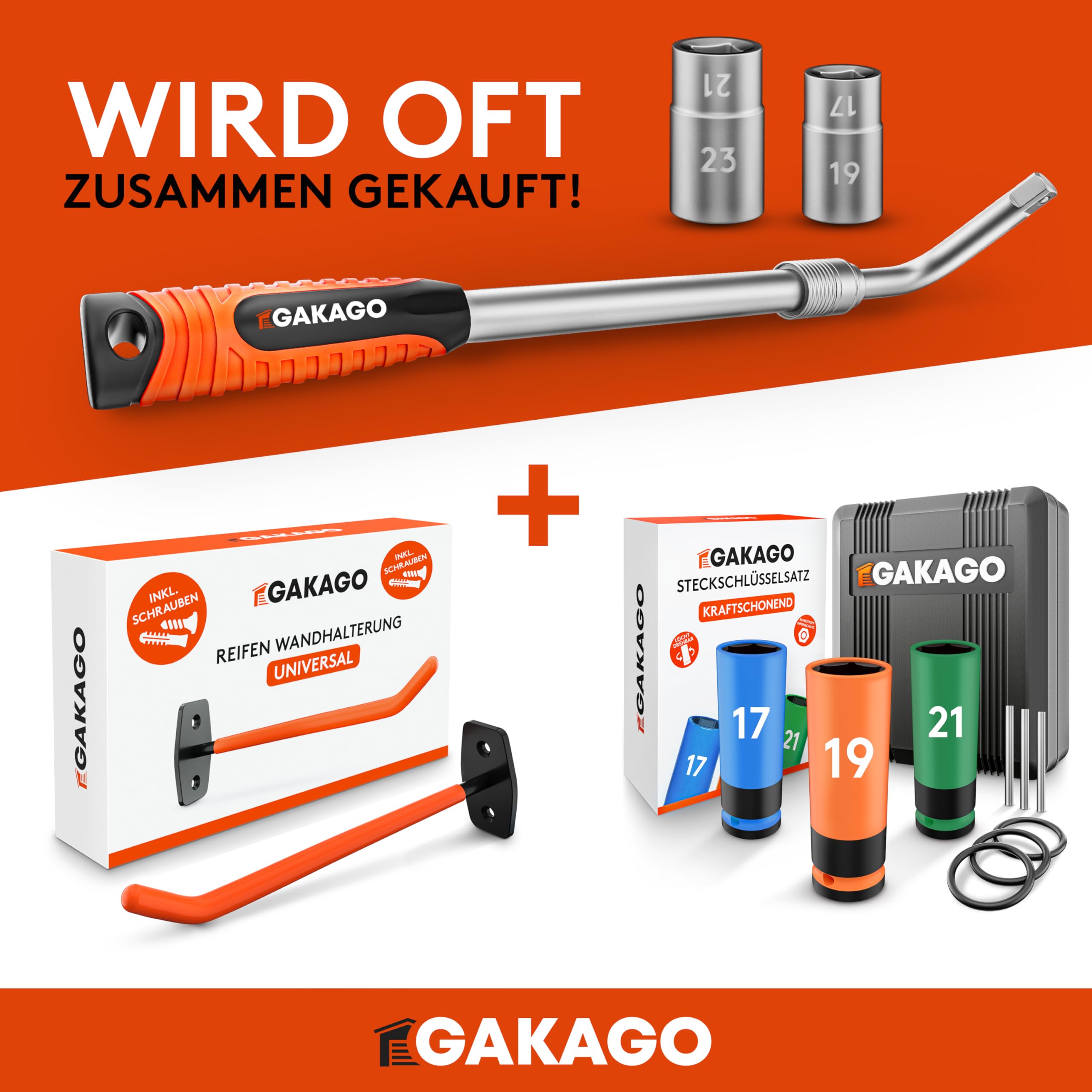 Gakago Teleskop Radmuttern-Schlüssel Set mit 17/19mm & 21/23mm Steckschlüssel-Einsatz 1/2 Zoll - Extra langer ausziehbarer Radschlüssel - Praktische Aufbewahrungstasche mit Klett und Aufhängeöse