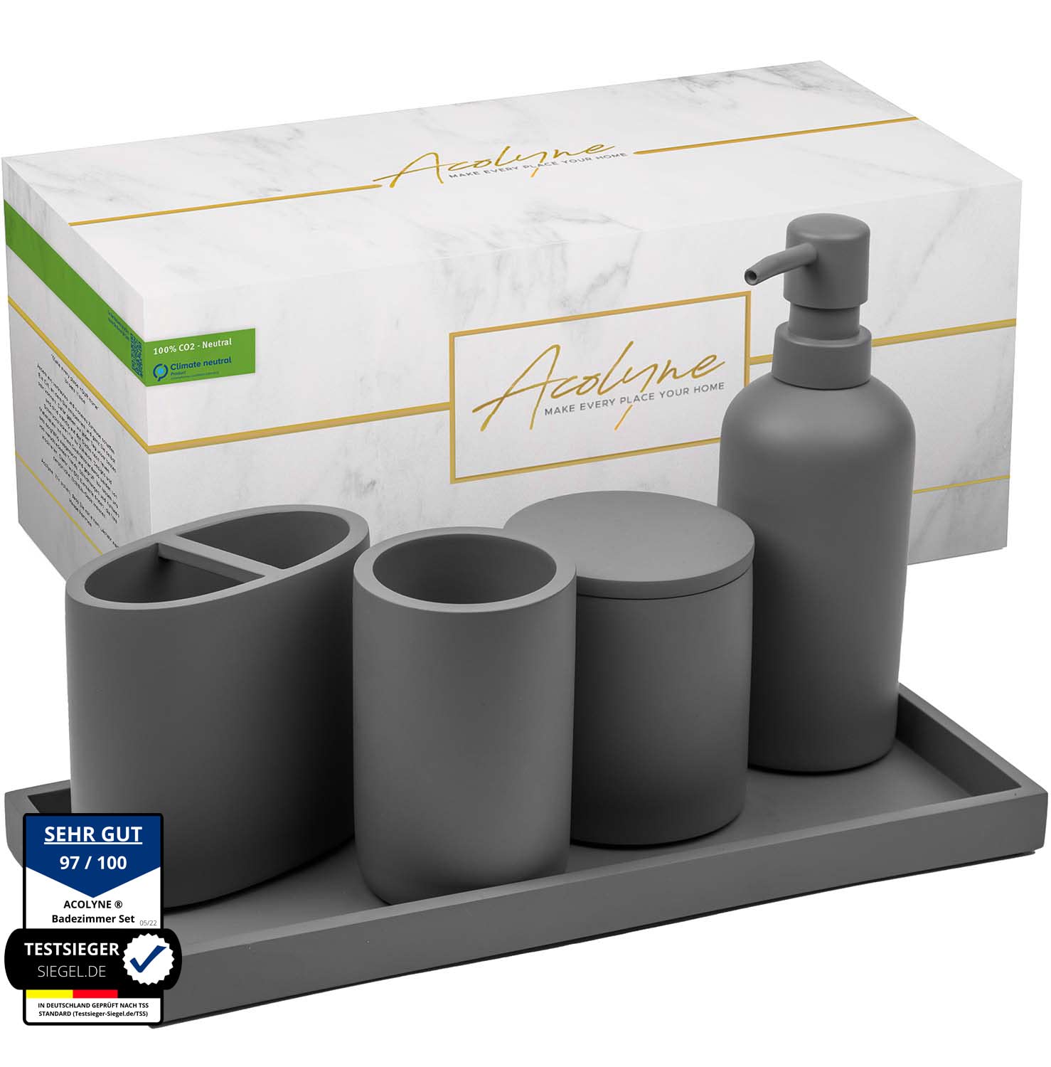 𝐀𝐜𝐨𝐥𝐲𝐧𝐞® Premium 5-teiliges Badezimmer Set aus [Hochwertigem Harz] als Bad Accessoires | Seifenspender Set oder Badezimmer Organizer | Zahnputzbecher | Bad Zubehör