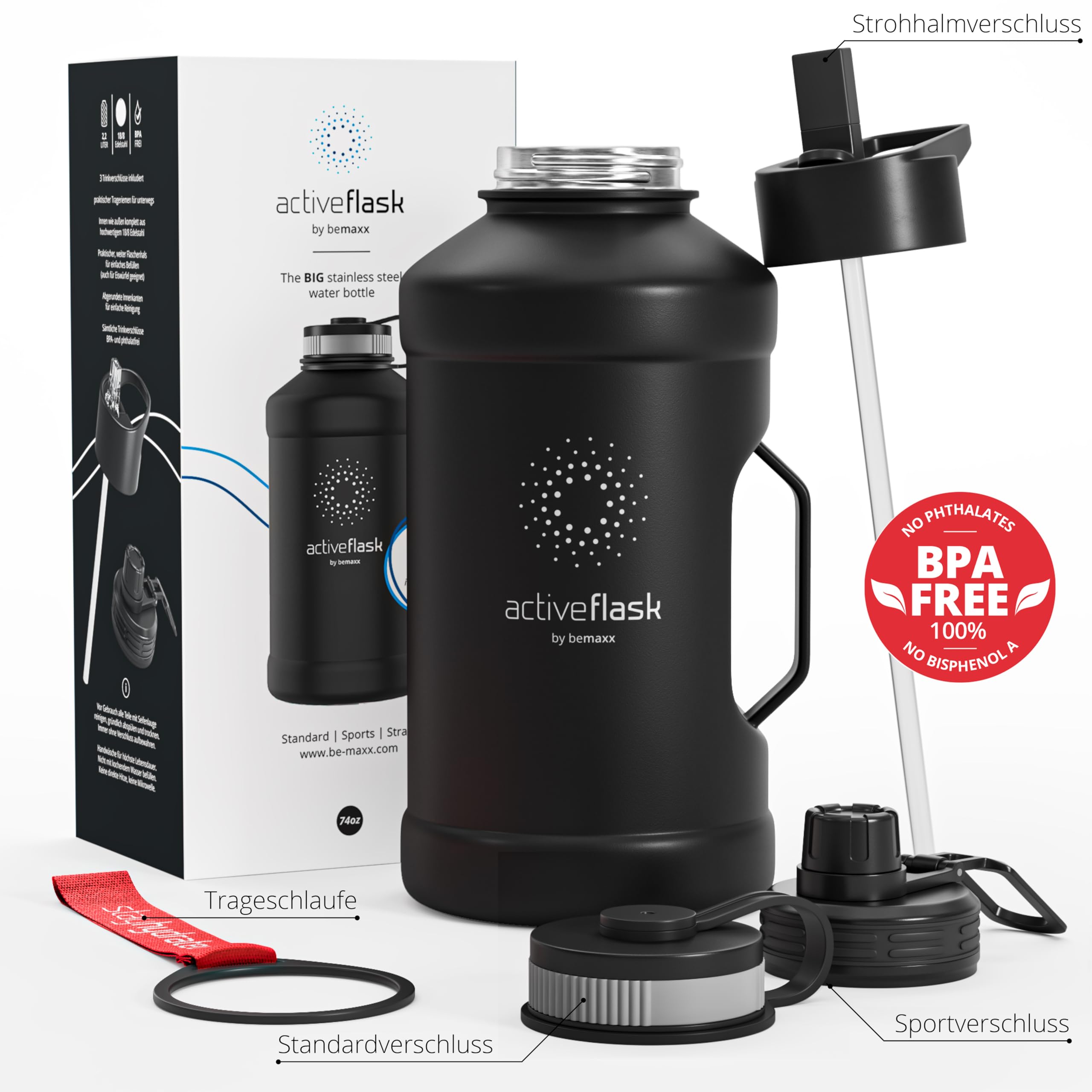 BeMaxx Trinkflasche Edelstahl ACTIVE FLASK + Strohhalm (3 Deckel) | Große 2,2 Liter Sportflasche BPA-frei Auslaufsicher Kohlensäure geeignet, 2l XL Wasserflasche Sport Outdoor Fitness Wasser Flasche