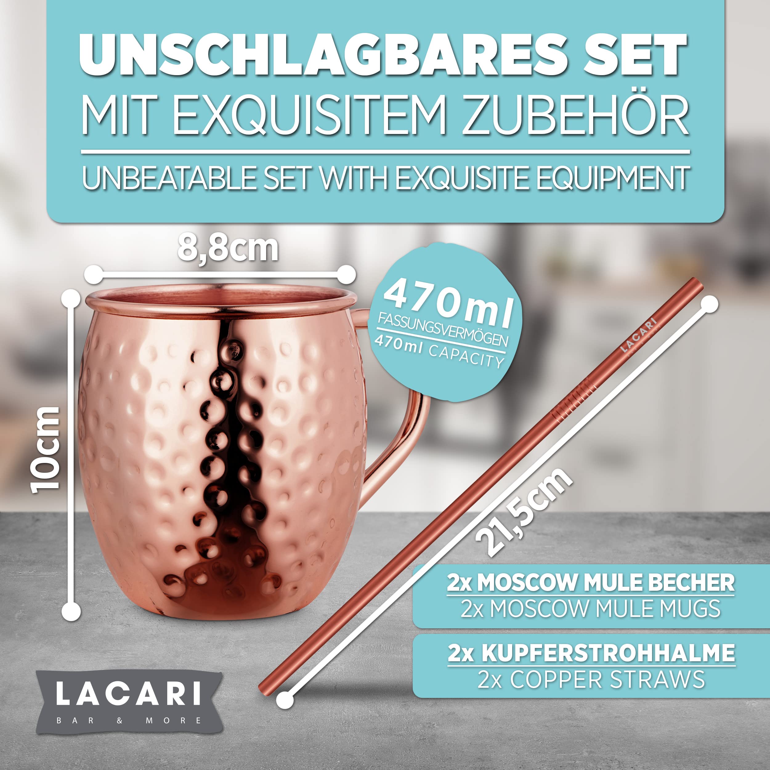 Moscow Mule Becher | Kupferbecher 470ml | Lacari ORIGINAL Set aus 2x Kupferbecher & 2x Strohhalme | Moscow Mule Becher 2er Set | Cocktail Bar Geschenk | Inkl. Moscow Mule E-Book